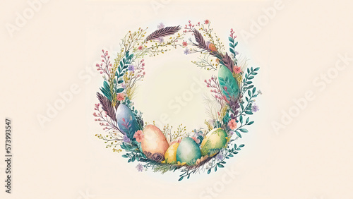 Flat Style Colorful Egg Decorative Easter Wreath Against Cosmic Latte Background And Copy Space. Happy Easter Day Concept.