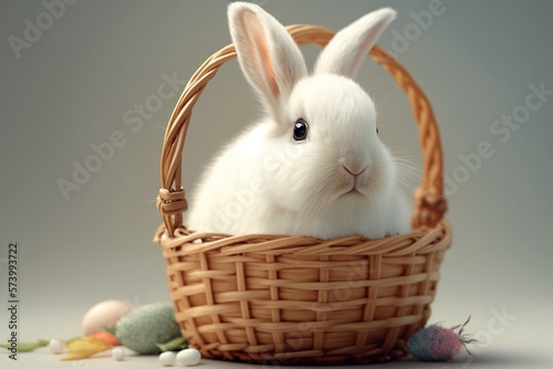 The white Easter Bunny sits in a captive basket. Easter eggs. Generative AI