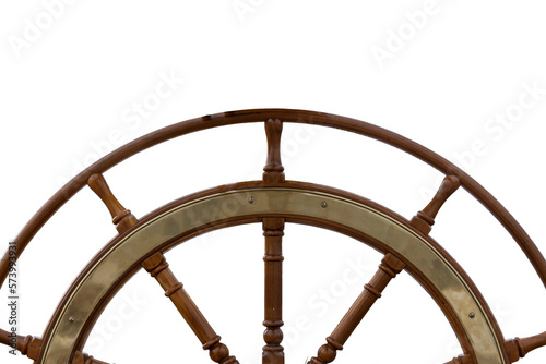 Wooden and brass sailboat rudder isolated on transparent background with space for text. photo