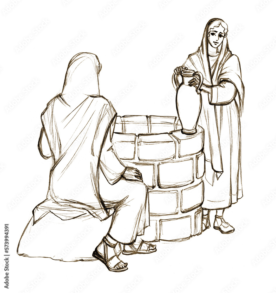 Christ and the Samaritan Woman at the Well. Pencil drawing Stock ...