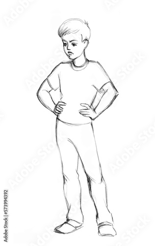 The dissatisfied boy stands with his hands on his hips. Pencil drawing