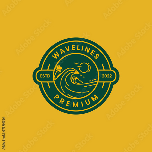 ocean sea water wave coast afternoon sunset bird colony line art badge vintage logo design vector icon illustration