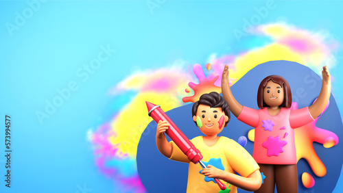 3D Render of Young Boy And Girl Characters Playing Holi On Multicolor Splash Effect Background With Copy Space. Festival of Colors Concept.