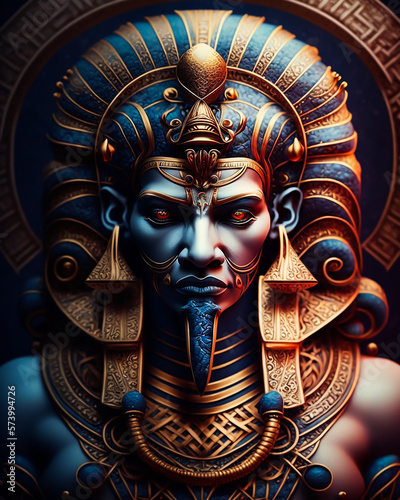 a Golden mask of an Egyptian God in full Royal Accessories 