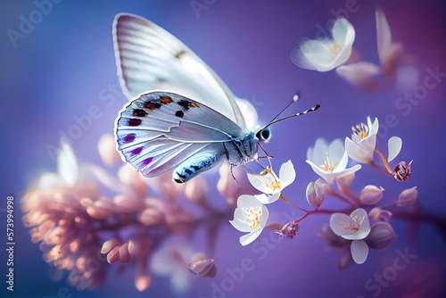 Beautiful Butterfly on White Flowers background. Created with Generative AI Technology