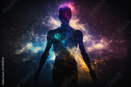 Astral body silhouette with abstract space background, ai generated, Generative AI