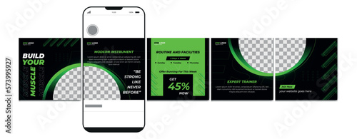 Carousel post design template. Gym instagram microblog carousel post. Editable social media carousel post for fitness center.	