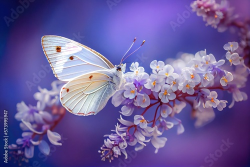 Beautiful Butterfly on White Flowers background. Created with Generative AI Technology