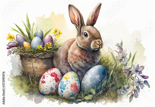 Easter bunny with eggs.  Easter postcard. Easter card with rabbits. Generative AI