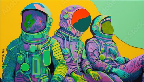  a painting of three people in space suits sitting on a bench with a speech bubble in the middle of the picture and a green and yellow background. generative ai