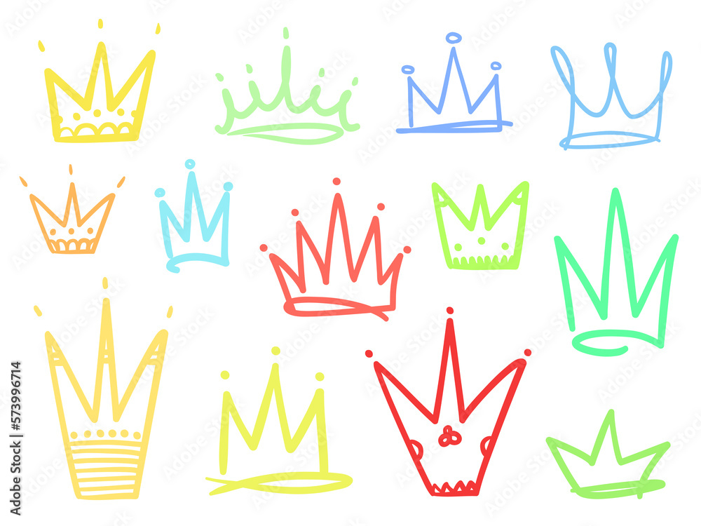 Set of abstract crowns on isolated white. Signs for design. Hand drawn simple objects. Line art. Colorful illustration. Sketchy elements for posters and flyers Set of abstract crowns on isolated white. Signs for design. Hand drawn simple objects. Line art. Colorful illustration. Sketchy elements for posters and flyers