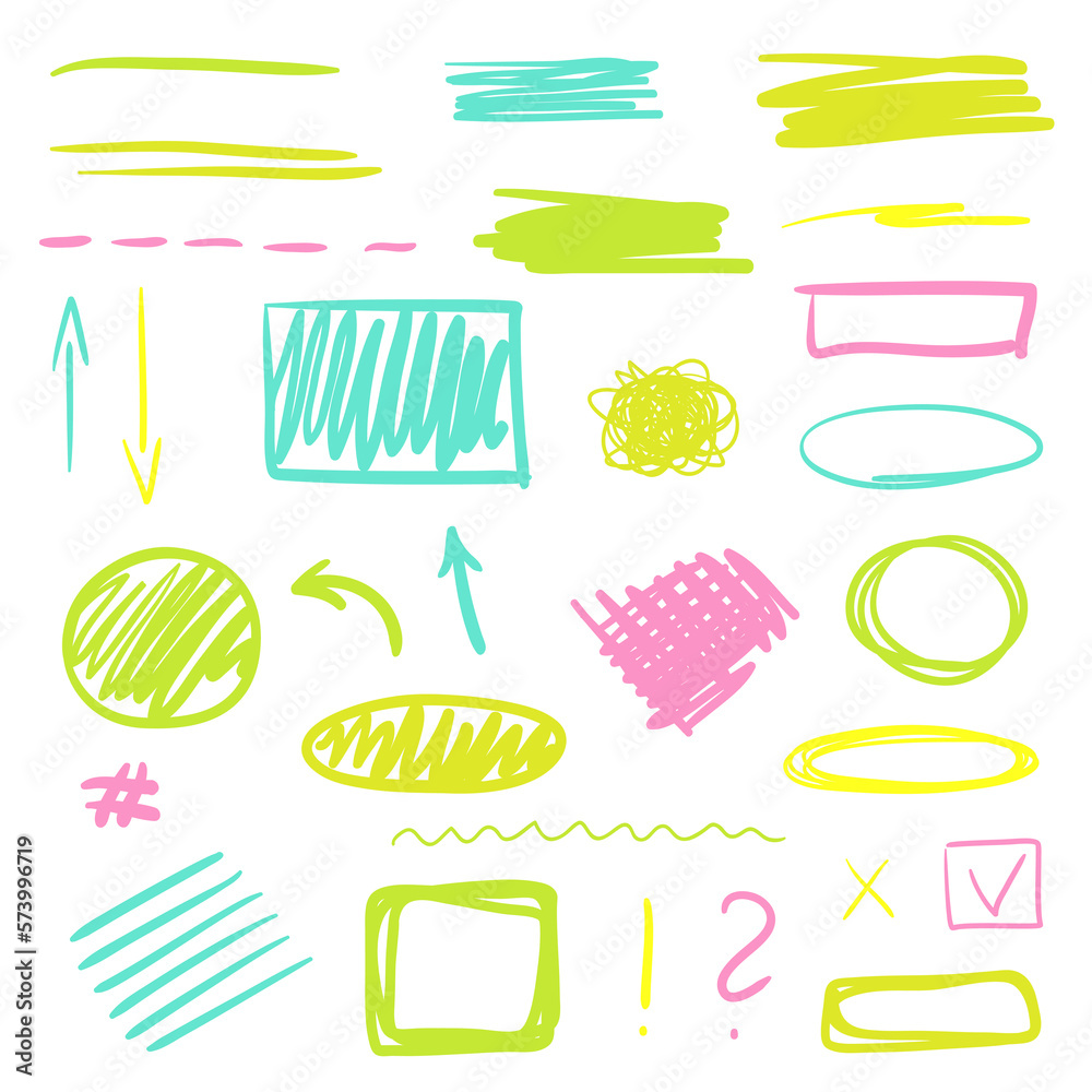 Hand drawn infographic elements on white. Abstract multicolored signs. Line art. Set of different geometric shapes. Colorful illustration. Doodles for artwork Hand drawn infographic elements on white. Abstract multicolored signs. Line art. Set of different geometric shapes. Colorful illustration. Doodles for artwork