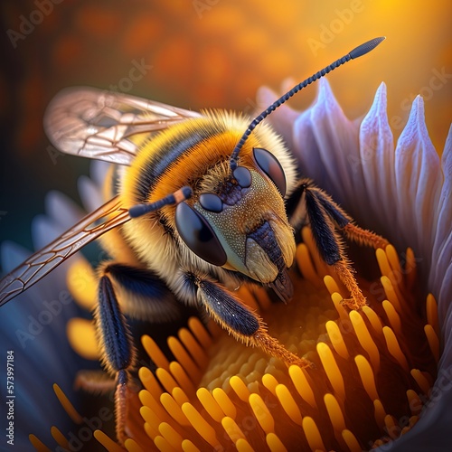Close up of honey bee making honey from flower. Generative AI.