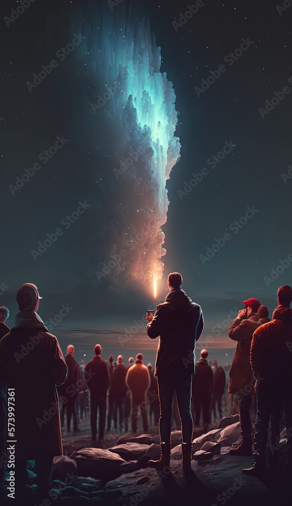 People gathering around a fire to watch a comet at dark sky. Generative AI.