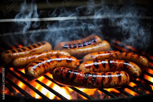 Grilled sausages. Food grilling was the first and basic method of food preparation. AI generated
