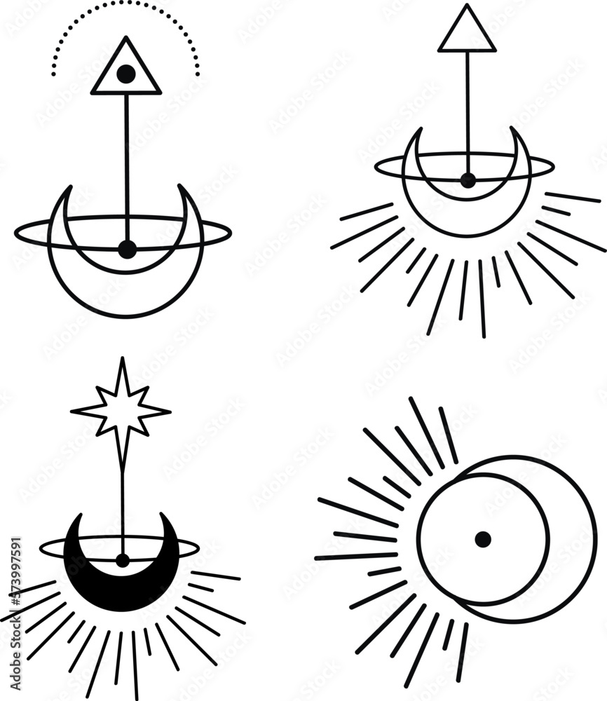 Bohemian Crescent Moon with Stars and Rays Astrology Illustration Set ...