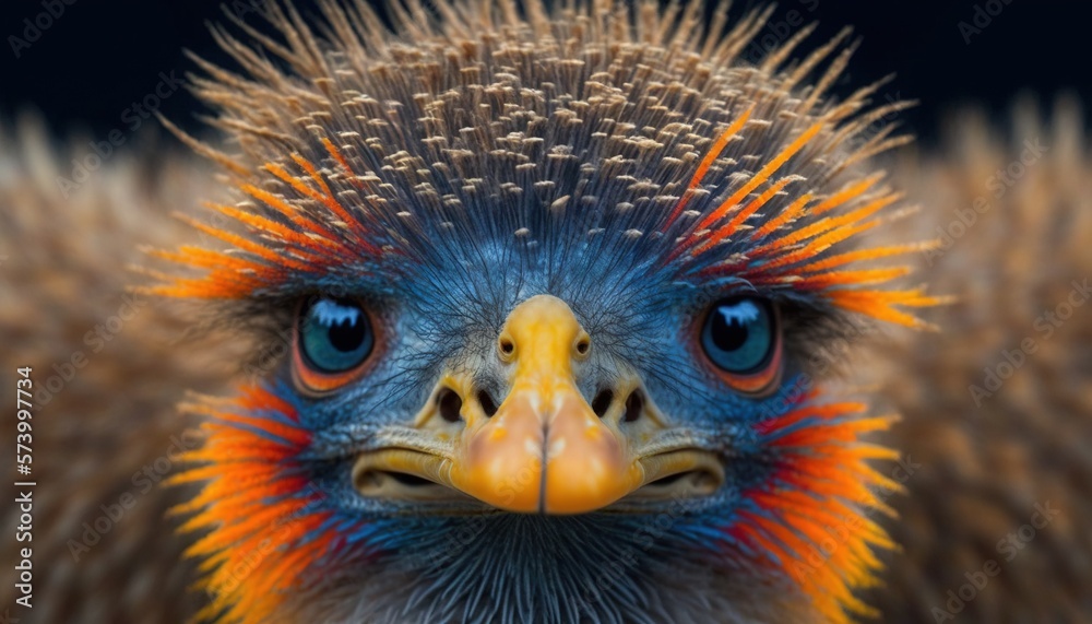  a close up of an ostrich's head with orange, blue, and yellow feathers on it's head and a black background.  generative ai