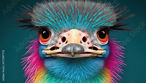  a close up of a colorful bird with a black head and a blue beak and a green background with a red, yellow, blue, green, and pink, and orange beak. generative ai