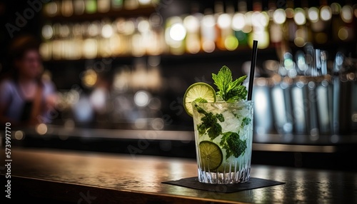 a glass of mojito with lime and mint on a bar counter with a woman in the background behind the bar area of a bar. generative ai
