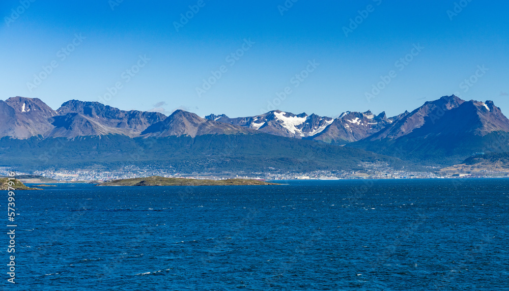 Panorama of the city of Ushuaia in Patagonia Argentina under the snow mountains