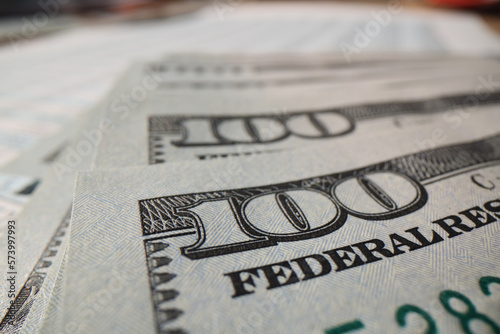 Close-up detail of money, watermarks of 100 dollar bill