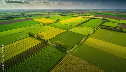 Generative AI, Farm landscape, agricultural fields, beautiful countryside, country road. Nature Illustration, photorealistic top view drone, horizontal banner.	
