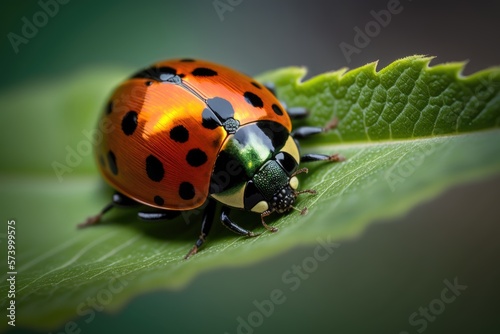photo of a ladybug on a green leaf in macro detail - generative ai