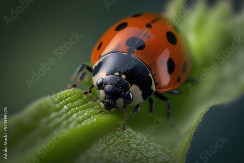 photo of a ladybug on a green leaf in macro detail - generative ai