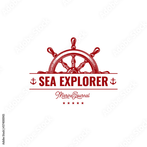 Original monochrome vector emblem of a ship steering wheel in vintage style.