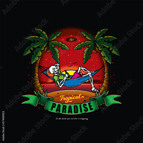 Original vector illustration in vintage style. Skeleton lying in a hammock with a bottle of beer in his hands, against the palm trees, the sea and sunset