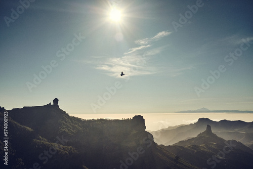 A bird flying over the top of the Gran Canaria island, with a sight of the Roque Nublo and the Teide