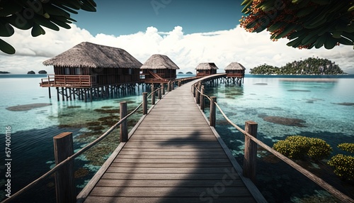  a wooden dock leading to a small island with huts on it's sides and a dock leading to another small island with huts on it's sides. generative ai