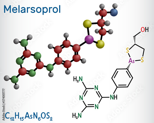 Melarsoprol drug molecule. Used to treat African sleeping sickness or African trypanosomiasis. Structural chemical formula and molecule model