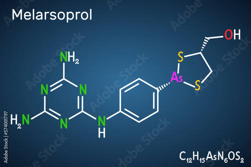Melarsoprol drug molecule. Used to treat African sleeping sickness or African trypanosomiasis. Structural chemical formula on the dark blue background. photo