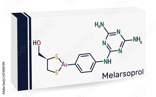 Melarsoprol drug molecule. Used to treat African sleeping sickness or African trypanosomiasis. Skeletal chemical formula. Paper packaging for drugs. photo