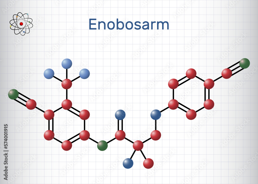Enobosarm, ostarine molecule. It is non-steroidal agent with anabolic activity, selective androgen receptor modulator SARM. Structural chemical formula, molecule model. Sheet of paper in a cage Enobosarm, ostarine molecule. It is non-steroidal agent with anabolic activity, selective androgen receptor modulator SARM. Structural chemical formula, molecule model. Sheet of paper in a cage