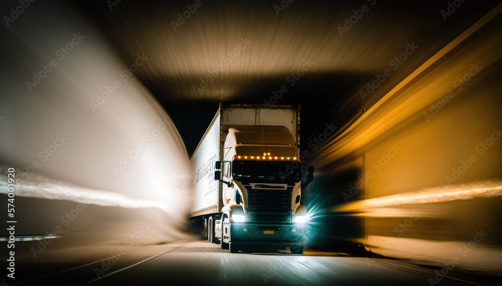 a semi truck driving down a highway at night time with its lights on