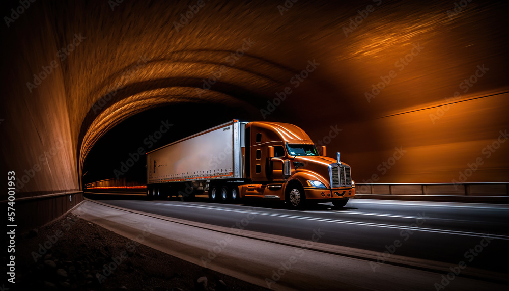  a large semi truck driving through a tunnel at night with a bright light on the side of the truck and the lights on the side of the road.  generative ai