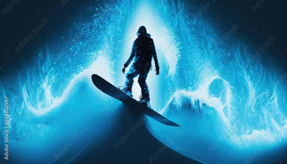  a man standing on a surfboard in a blue wave of water with a bright light coming from behind him and his surfboard in the foreground.  generative ai
