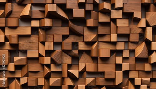  a wall made up of wooden blocks and pieces of wood that are brown and brown with a black background that is also brown and white.  generative ai