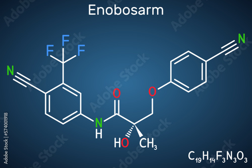 Enobosarm, ostarine molecule. It is non-steroidal agent with anabolic activity, selective androgen receptor modulator SARM. Structural chemical formula on the dark blue background. photo