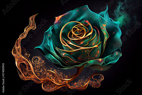 Magical flower made of vitreous enamel, malachite filigree. Melting sublimating swirling mist aroma fog. Mesmerizing dramatic macro illustration. AI.