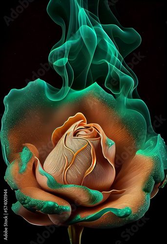 Magic tulip made of vitreous enamel, malachite filigree. Melting sublimating swirling mist aroma fog. Mesmerizing dramatic macro illustration. AI.