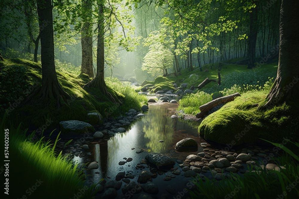 photo of a peaceful and serene forest landscape - generative ai