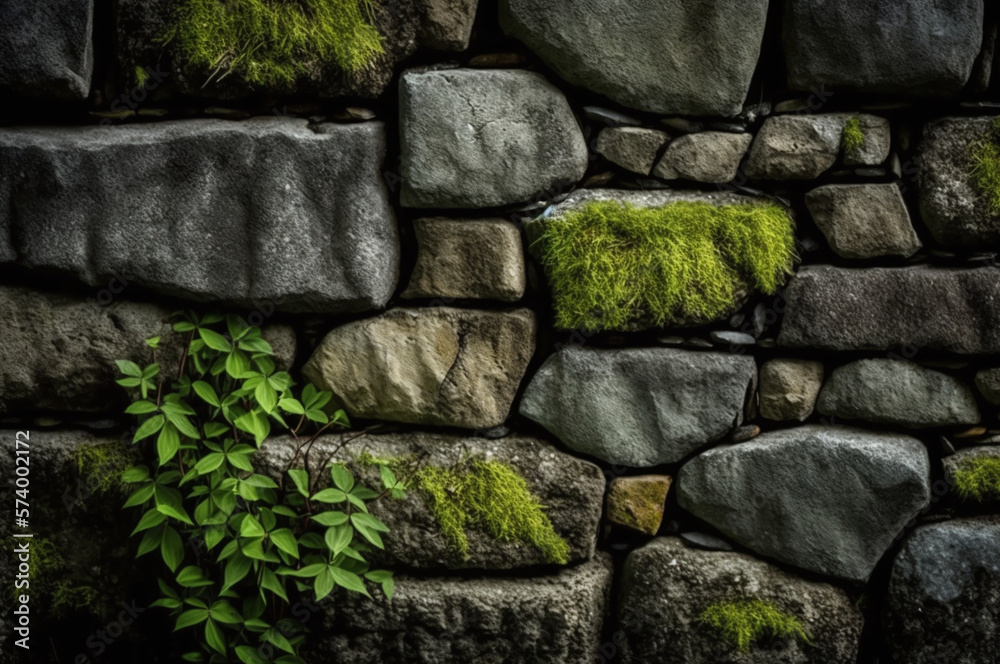 Stone wall with mossy patches and vegetation Stone wall with mossy patches and vegetation