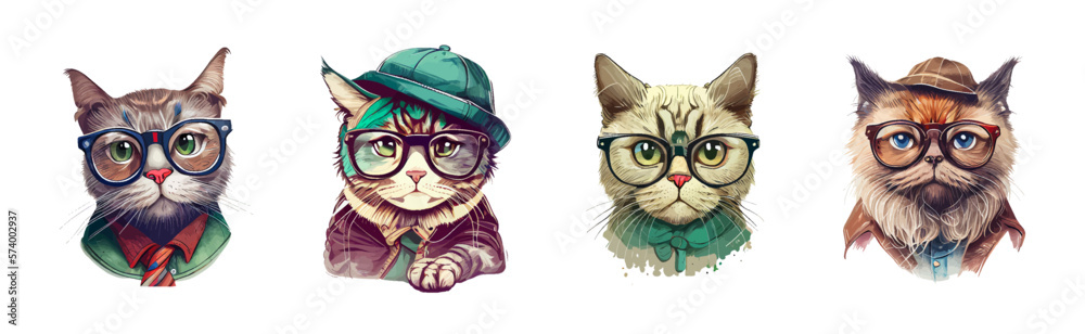 Smart cats set in stylish clothes and glasses in a watercolor style on a white background. Cartoon cat scientist. Stylish cat character. Ideal for postcard, book, poster, banner. Vector illustration