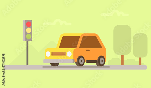a yellow car stops at a traffic light vector illustration