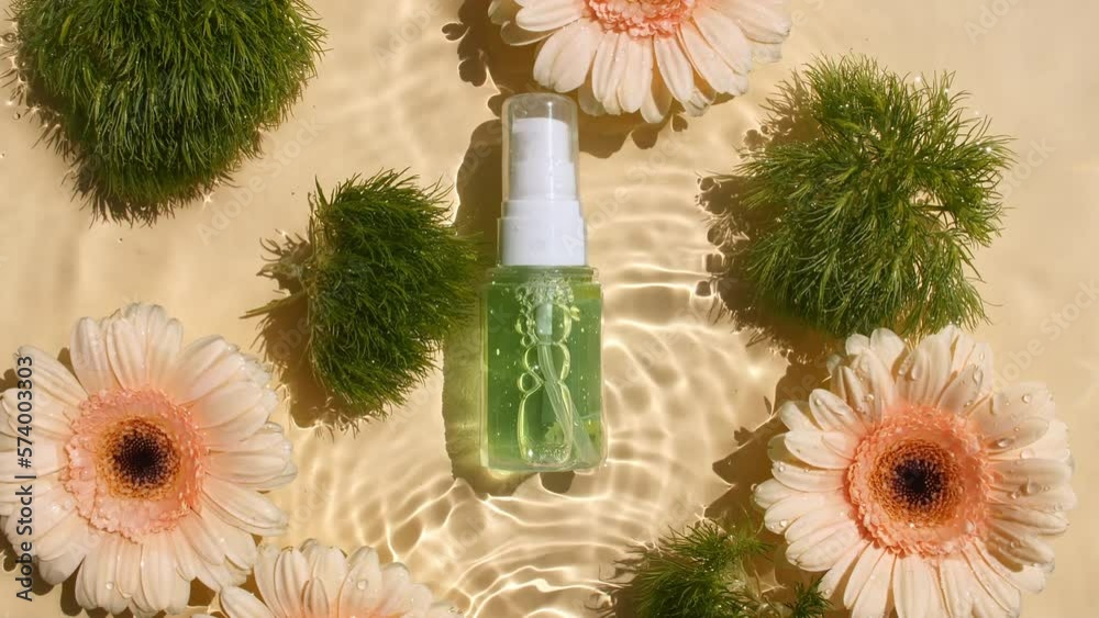 Sunflower flowers, gerbera petals flowers on water surface with drops. Cosmetic bottle, vial for oil, liquid, collagen serum. Women's cosmetics skincare. Advertising of beauty product. High quality Sunflower flowers, gerbera petals flowers on water surface with drops. Cosmetic bottle, vial for oil, liquid, collagen serum. Women's cosmetics skincare. Advertising of beauty product. High quality