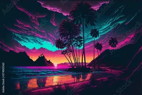 Evening Sunset on beautiful Island in the Pacific Ocean where travel is the destination, peace freedom relaxation to get the Bali Indonesia vibe on a poster or wallpaper. Post produced generative AI.