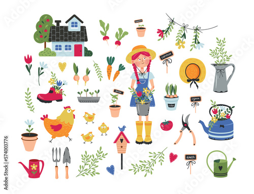 Vector set of illustrations of garden objects and a cute girl in a hat in a flat style. Set of garden accessories, garden house, seedlings, potted flowers, kettle with flowers, vegetables, chicken 